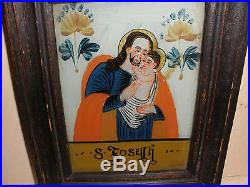 Antique 1800 Saint Joseph Christ child reverse painting glass folk art primitive