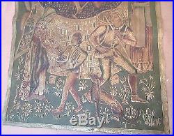 Antique 1800's tooled leather hide Folk Art wine grape figural painting tapestry