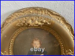 Antique 1800s Folk Art Americana Portrait Painting Of Young Boy Child Framed
