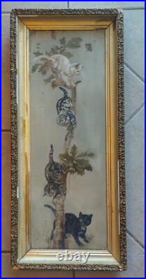 Antique 1800s Primitive American Folk Art Cat Kittens Tree Oil Painting Unsigned