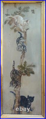 Antique 1800s Primitive American Folk Art Cat Kittens Tree Oil Painting Unsigned
