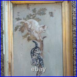 Antique 1800s Primitive American Folk Art Cat Kittens Tree Oil Painting Unsigned