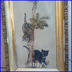 Antique 1800s Primitive American Folk Art Cat Kittens Tree Oil Painting Unsigned