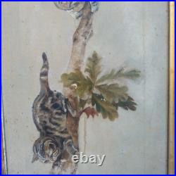 Antique 1800s Primitive American Folk Art Cat Kittens Tree Oil Painting Unsigned