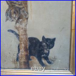 Antique 1800s Primitive American Folk Art Cat Kittens Tree Oil Painting Unsigned