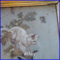 Antique 1800s Primitive American Folk Art Cat Kittens Tree Oil Painting Unsigned