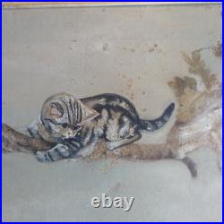 Antique 1800s Primitive American Folk Art Cat Kittens Tree Oil Painting Unsigned