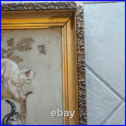 Antique 1800s Primitive American Folk Art Cat Kittens Tree Oil Painting Unsigned