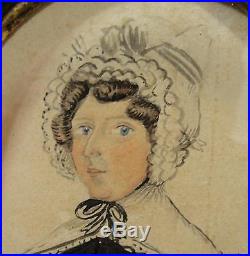 Antique 1820s American Empire Folk Art Miniature Portrait Watercolor Painting NR
