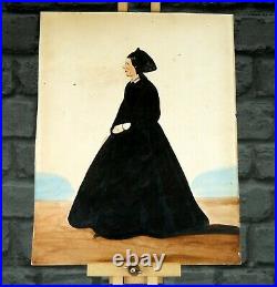 Antique 1830s Naive Watercolour Painting Lady Folk Art Portrait 19th Century