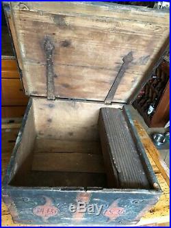 Antique 1835 Folk Art Tool Box, Coffer, Chest Orig. Paint, Forged Iron Hinges