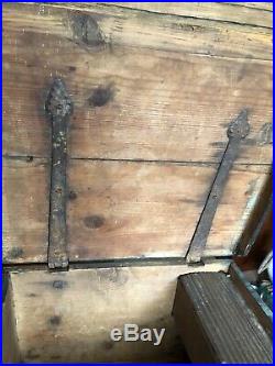 Antique 1835 Folk Art Tool Box, Coffer, Chest Orig. Paint, Forged Iron Hinges