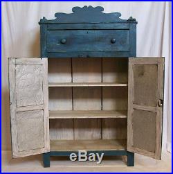 Antique 1840s Heart Pine Primitive Folk Art Pie Safe NC Blue Paint Cupboard