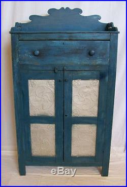 Antique 1840s Heart Pine Primitive Folk Art Pie Safe NC Blue Paint Cupboard