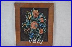 Antique 1850 tinsel foil painting reverse glass wood frame floral folk art vg