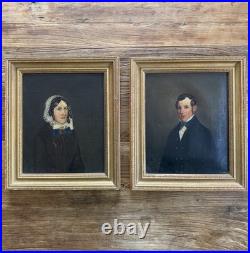 Antique 1853 Folk Art Portrait Pair 19th C Oil On Canvas Gilt Frames