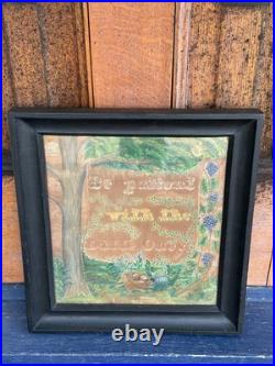Antique 1859 Folk Art Watercolor Motto Painting Be Patient With the Little Ones