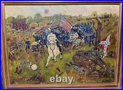 Antique 1865 JE Moretti civil war Folk art battle field oil painting on canvas