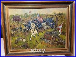 Antique 1865 JE Moretti civil war Folk art battle field oil painting on canvas