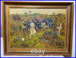 Antique 1865 JE Moretti civil war Folk art battle field oil painting on canvas