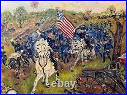 Antique 1865 JE Moretti civil war Folk art battle field oil painting on canvas