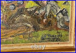 Antique 1865 JE Moretti civil war Folk art battle field oil painting on canvas