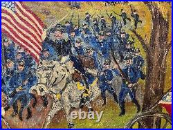 Antique 1865 JE Moretti civil war Folk art battle field oil painting on canvas