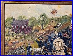 Antique 1865 JE Moretti civil war Folk art battle field oil painting on canvas