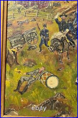 Antique 1865 JE Moretti civil war Folk art battle field oil painting on canvas