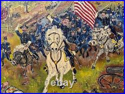 Antique 1865 JE Moretti civil war Folk art battle field oil painting on canvas