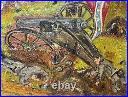 Antique 1865 JE Moretti civil war Folk art battle field oil painting on canvas