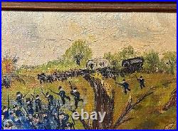 Antique 1865 JE Moretti civil war Folk art battle field oil painting on canvas