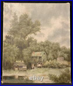 Antique 1880s Original Landscape Oil Painting Folk Art 19th Century 23.75x20