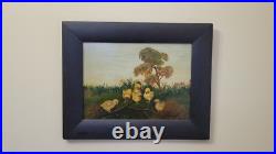 Antique 1888 Folk Art Baby Chicks Oil Painting on board, Signed Eleanor