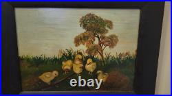 Antique 1888 Folk Art Baby Chicks Oil Painting on board, Signed Eleanor