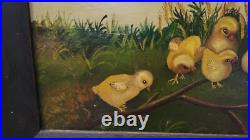 Antique 1888 Folk Art Baby Chicks Oil Painting on board, Signed Eleanor