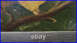 Antique 1888 Folk Art Baby Chicks Oil Painting on board, Signed Eleanor