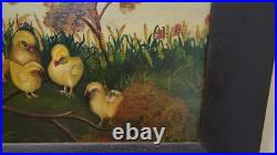 Antique 1888 Folk Art Baby Chicks Oil Painting on board, Signed Eleanor