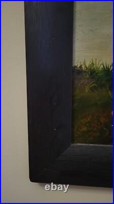 Antique 1888 Folk Art Baby Chicks Oil Painting on board, Signed Eleanor