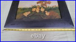 Antique 1888 Folk Art Baby Chicks Oil Painting on board, Signed Eleanor