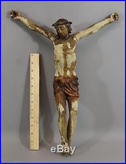Antique 18thC Folk Art Hand Carved Painted Wood Santos Crucified Jesus Crucifix