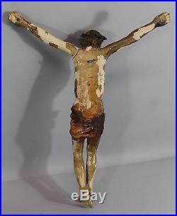 Antique 18thC Folk Art Hand Carved Painted Wood Santos Crucified Jesus Crucifix