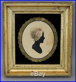 Antique 18thC Miniature Folk Art Silhouette Paintings, Gilt Eglomise Mat & Frame