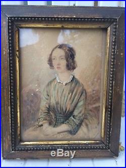 Antique 18thC Miniature Folk Art Watercolor Portrait Painting of Emily Henshaw