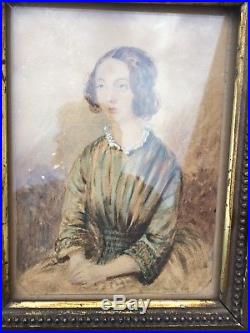 Antique 18thC Miniature Folk Art Watercolor Portrait Painting of Emily Henshaw