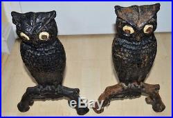Antique 1900 Folk Art American Cast Iron Painted Eye Owl Andirons #29