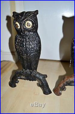 Antique 1900 Folk Art American Cast Iron Painted Eye Owl Andirons #29