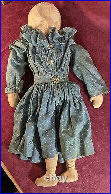 Antique 1900 Folk Art Hand Made Painted Face 20 Cloth Rag Doll Original Clothes