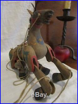 Antique 1900s New England Folk Art Painted Carved Horse Marionette Puppet aafa