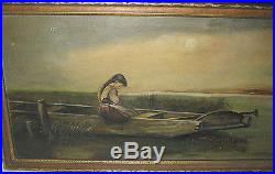 Antique 1901 Country Folk Art Primitive Girl Boat Marsh Lake Oil Board Painting